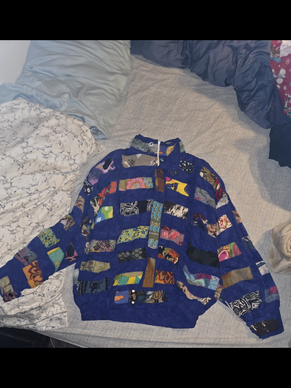 Multicolor Patchwork Bomber Jacket - Blue